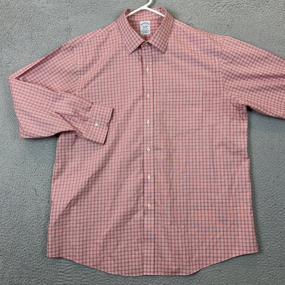 Brooks Brothers Shirt Men 17-33 Regular Fit Red Check Dress Non-Iron Stretch EUC
